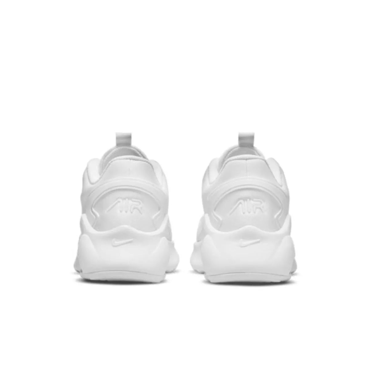 An angle from the back of the Nike Air Max Bolt. Here you can see the signature "AIR" branding on the back of the shoe, as well as the trademark Nike swoosh towards the bottom of the shoe.