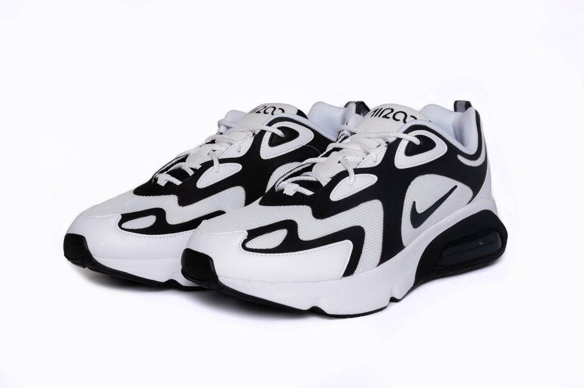 The white and black Nike Air Max 200s. Here you can see the iconic Nike swoosh along with the Air branding across the tongue.